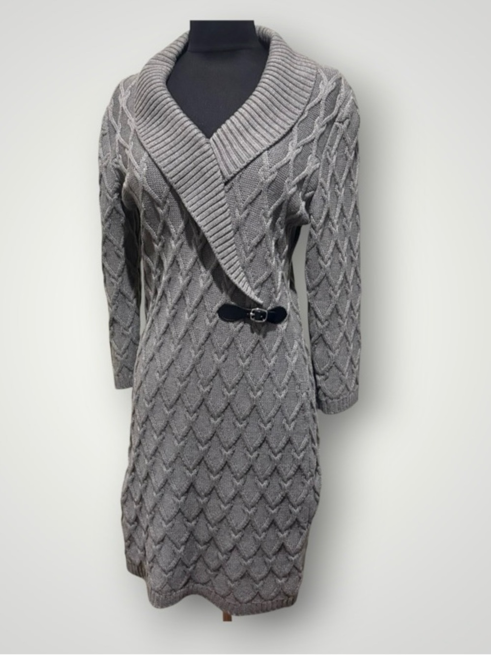 Calvin Klein Gray Cable Knit Shawl-Collar Sweater Dress